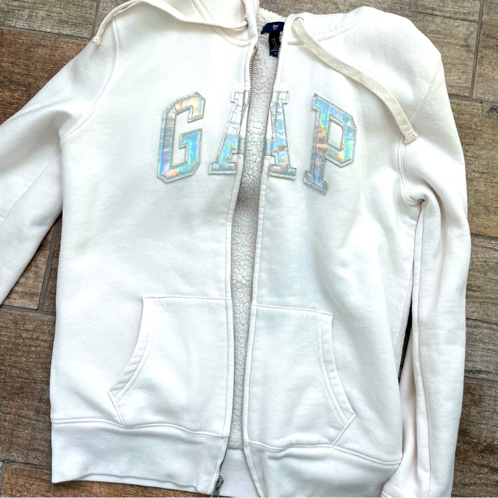 GAP Sherpa Lined Hoodie Jacket Iridescent Logo XS